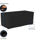 Rectangle Ottoman Cover For Outdoor Patio Furniture, Built to Last, Heavy Duty 12 Oz PVC Coated Polyester, Waterproof UV and Weather Resistant, Size 32 By 22 By 17 Inches, Black with padded handles, drawstrings, and air vents.