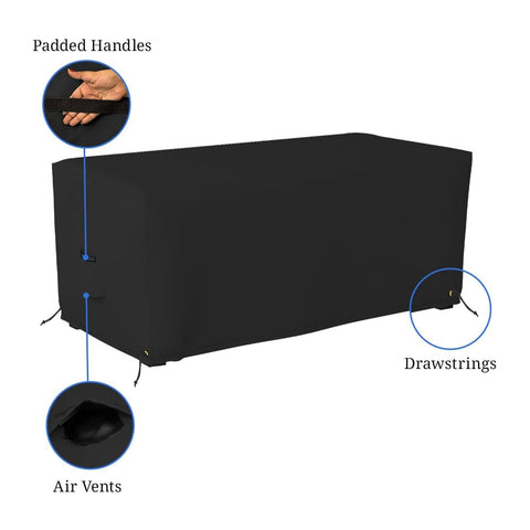 Rectangle Ottoman Cover For Outdoor Patio Furniture, Built to Last, Heavy Duty 12 Oz PVC Coated Polyester, Waterproof UV and Weather Resistant, Size 32 By 22 By 17 Inches, Black with padded handles, drawstrings, and air vents.