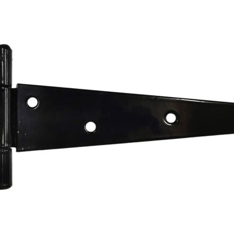 Dang Tough Heavy Duty 4 Inch Black Tee Hinges For Barn Gates And Fences Rustproof Wrought Iron Hardware angled view showing hinge details.