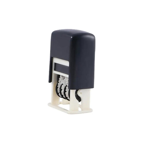 No Sweat Smooth Self Inking Date Roller Stamp With Crisp Adjust Dial Rugged Abs Alloy Frame in black and white design.
