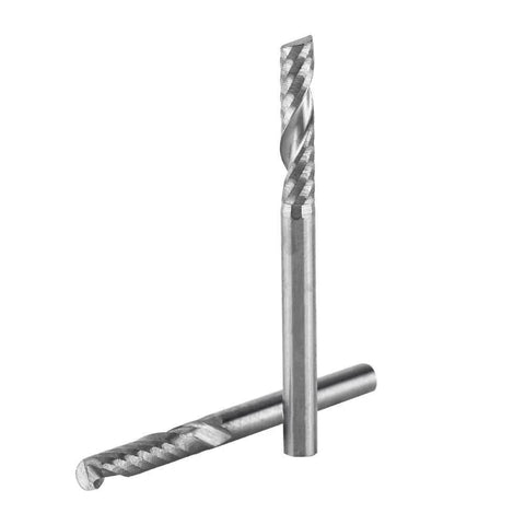 Two tungsten carbide end mill bits with 1/8 inch shanks, single-flute CNC router bits