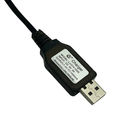 Three Pack 7.4V 2S LiPo Battery USB Charger Cable 1A Fast Charge With XH 3P Connector showing USB plug and cable