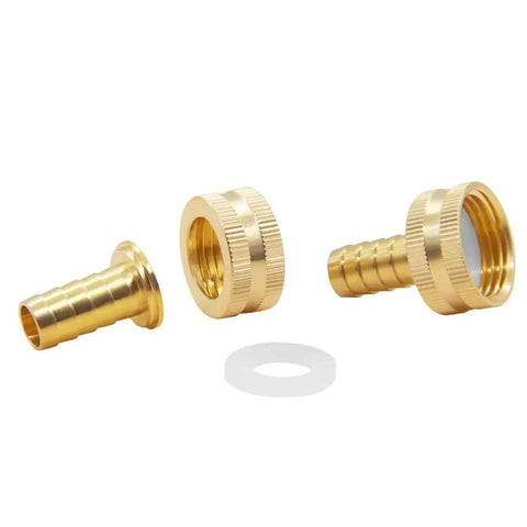 2 Pack Garden Hose Connector For 1/2 Inch Barb To 3/4 Inch Female GHT Thread Solid Brass Hose Repair Kit With Stainless Clamp Leak Proof Hose End Mender For 1/2 Inch Garden Hose, showing brass connectors and washer