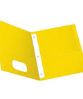 Open yellow folder showing built-in two-prong fasteners and die-cut business card slot, designed for letter size papers.