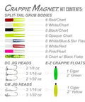 All In One Crappie Fishing Kit With 64 Bodies, 2 EZ Floats, 6 Jig Heads, 8 Double Cross Jig Heads For Freshwater Angling contents