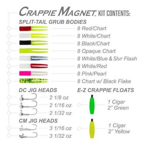All In One Crappie Fishing Kit With 64 Bodies, 2 EZ Floats, 6 Jig Heads, 8 Double Cross Jig Heads For Freshwater Angling contents
