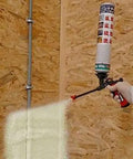 Heavy Duty Fire Rated Spray Foam Insulation Kit delivering spray coverage on wall with Pro Spray Gun for sealing.