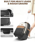 40L rolling travel backpack for women with rubber wheels and durable polyester exterior, ideal for heavy loads and rough ground travel.
