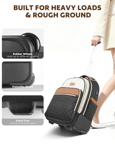 40L rolling travel backpack for women with rubber wheels and durable polyester exterior, ideal for heavy loads and rough ground travel.