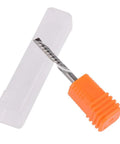 Close-up of carbide spiral end mill, 3.175x22mm, two-flute with orange knurled grip for acrylic/woodworking