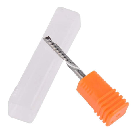 Close-up of carbide spiral end mill, 3.175x22mm, two-flute with orange knurled grip for acrylic/woodworking