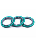 Rod seal rings, three green and gray rubber seals, front view