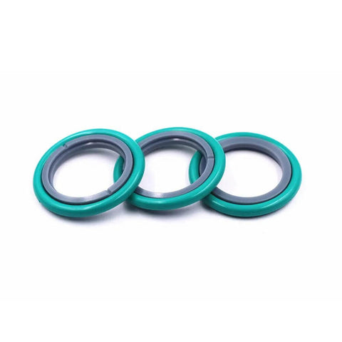 Rod seal rings, three green and gray rubber seals, front view