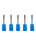 Five 4mm carbide end mills for CNC milling with blue plastic bases.