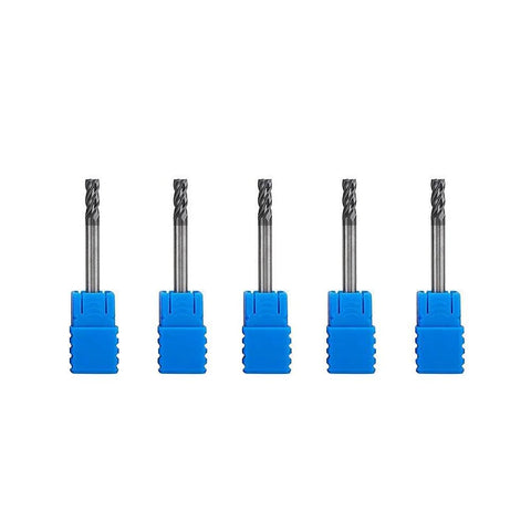 Five 4mm carbide end mills for CNC milling with blue plastic bases.