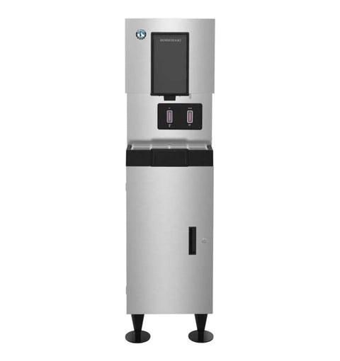 Slick Badass Cubelet Ice Machine With Built In Storage Bin Hand Free Sensor Operation And Air Cooled System For Countertop Placement creating fresh mini nugget ice, stainless steel, 31 inches tall.