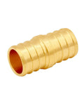 Close-up of a single brass connector from 15 Piece Lead Free Brass 3/4 Inch PEX Straight Crimp Coupling Set For Plumbing Fittings Durable Barbed Connectors Safe Up To 200 Fahrenheit And 200 PSI Ideal For Home DIY Projects