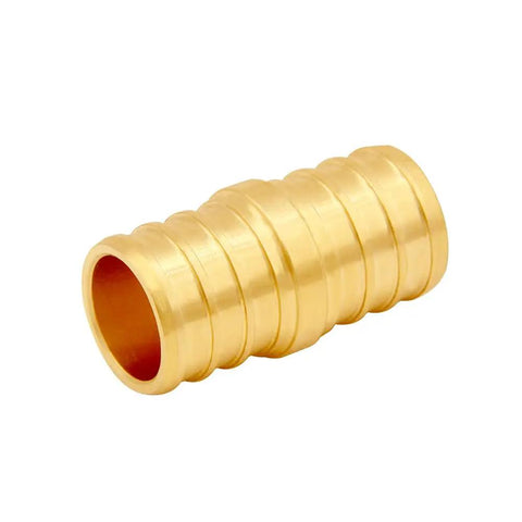 Close-up of a single brass connector from 15 Piece Lead Free Brass 3/4 Inch PEX Straight Crimp Coupling Set For Plumbing Fittings Durable Barbed Connectors Safe Up To 200 Fahrenheit And 200 PSI Ideal For Home DIY Projects