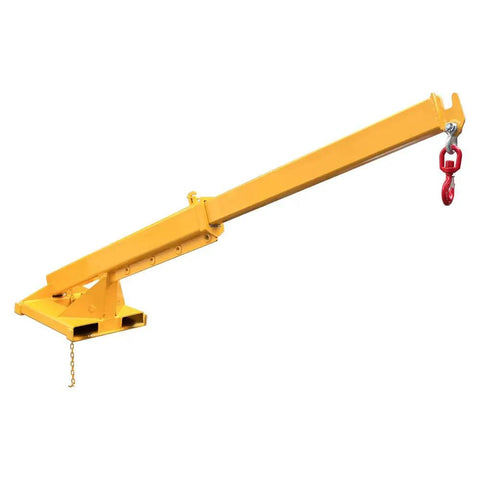 Heavy Duty Adjustable Forklift Jib Boom Crane With 6600Lb Three Ton Capacity, yellow steel telescopic arm and hoist hook.