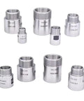Eight silver metal spindle adapters with threaded ends for ER11–ER32 tool spindles