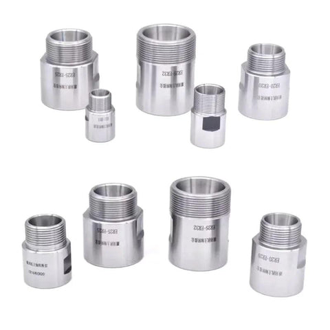 Eight silver metal spindle adapters with threaded ends for ER11–ER32 tool spindles