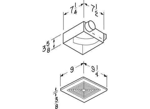 Dimensions diagram of Quiet Low Noise Ceiling And Wall Ventilation Fan, 50 CFM, 4.0 Sones, White, for bathrooms and kitchens