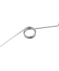 Stainless steel torsion spring with a helical coil and long straight legs, silver finish.