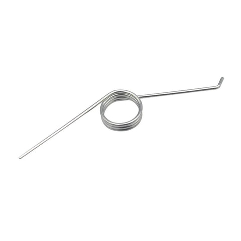 Stainless steel torsion spring with a helical coil and long straight legs, silver finish.