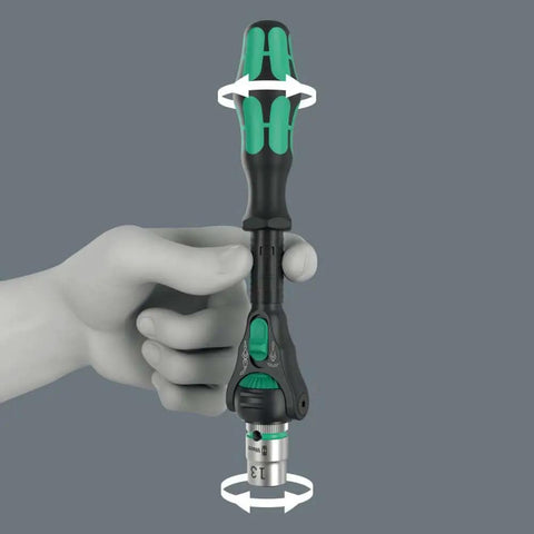 Hand holding Zyklop Speed Black Edition 8000 A Professional Ratchet Set with green finish, showing high torque and quick change design.