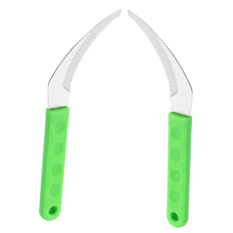 Stainless Steel Weeding Sickle Set with green ergonomic handles, ideal for grass cutting, weeding, and vegetable harvesting.