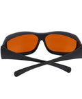 Professional Grade Kickass Laser Safety Glasses With Hella Od5 Plus Eye Defense Across One Hundred Ninety To Eleven Hundred Nanometer Wavelength Range For Spa Studios And Beauty Clinics In Classic Orange Lens, black frame, orange lenses.