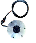 Electromagnetic power-off brake DEB3-08/DC24V, round metal housing with black center hub and wiring.