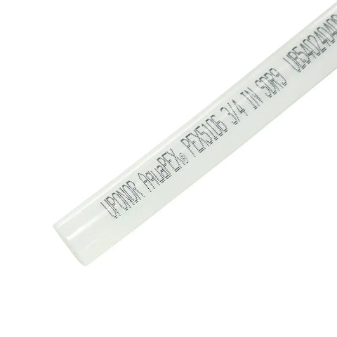 Close-up of 3/4 Inch White PEX Water Tubing Coil, 100 Ft, showing pipe markings, flexible, freeze resistant and durable for plumbing.