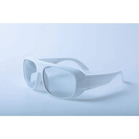 Top Shelf 10600nm Infrared Laser Safety Glasses For CO2 Lasers Od 6 Plus No Nonsense Eye Protection With 90 Percent Light Transmission For Workshop And Lab Jobs Solid Shield For Your Peepers, clear view in white frame.