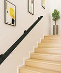 Rock Solid Black Metal Wrought Iron Stair Railing With Modern Wall Mount Handrail For Indoor And Outdoor Use Hella Tough Banister Offering Top Notch Safety And A Slick Finish For Your Home Or Yard DIY Setup mounted on modern stairs.