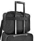 Expandable rolling luggage set, two black pieces with top carry-on bag, front view.