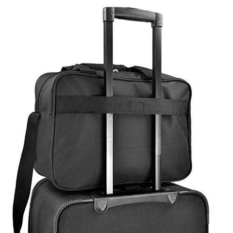 Expandable rolling luggage set, two black pieces with top carry-on bag, front view.