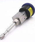 Waterjet water cutting head assembly, close-up view; stainless steel shaft, blue cap