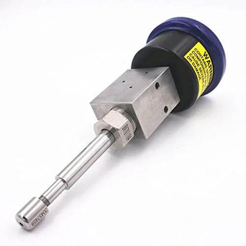Waterjet water cutting head assembly, close-up view; stainless steel shaft, blue cap
