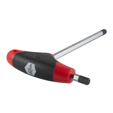 Journeyman Five Sixteenth Inch Hex Key With T Handle, 6 Inch Long, Soft Touch Grip For Max Torque, Blade Through Handle Design, Laser Etched Sizes, Tip Ident, Hang Hole, Chamfered End For Easy Use