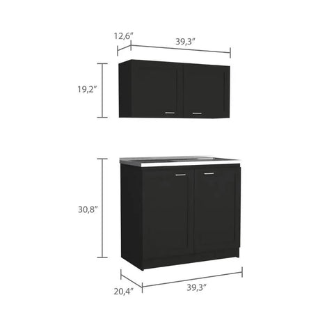 Clean Lines Two Piece Media Console Built From Tough Engineered Wood, Reliable Storage Cabinet For Your Sick Setup And Daily Grind In Sleek Matte Black Finish With Easy Assembly dimensions showing top and bottom sections.