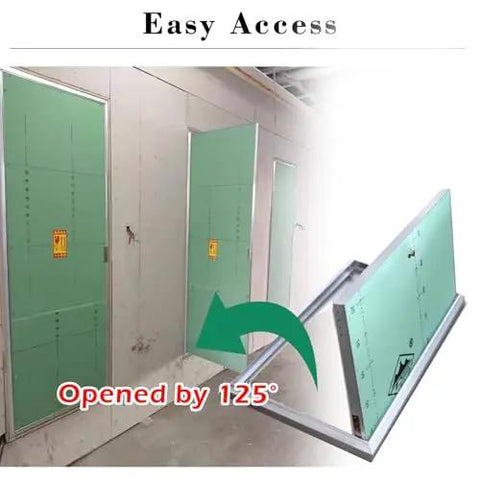 Heavy Duty Drywall Access Panel With Clean Flush Mount Lid And Weather Resistant Aluminum Shell Great For Baths Basements And Attics shows access panel opened by 125°.