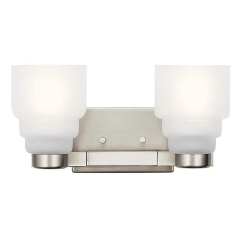 Fourteen And A Half Inch Two Light Vanity Light With Satin Etched Glass In Brushed Nickel, wall mounted with lit ambient lighting