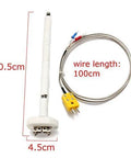 K-type thermocouple block with ceramic insulator kiln probe, white ceramic rod, 100 cm braided lead (front view)