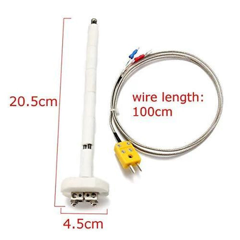 K-type thermocouple block with ceramic insulator kiln probe, white ceramic rod, 100 cm braided lead (front view)