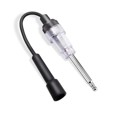 Straight-Boot Inline Spark Plug Tester For Cars, Trucks, Motorcycles And Outdoor Power Equipment - Gearhead Ready All-In-One Diagnostic Tool For Lawn Mowers, Chainsaws, Snow Blowers, Generators And More black inline tester with clear plastic body and metal probe