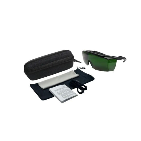 Heavy Duty Laser Safety Glasses For Handheld Welding And Fiber Laser Use Badass Eye Armor with green lenses, case, and cleaning cloth.