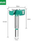 Front view of Floweringbeter 50mm three-edged hole opener cutter with green body and hex shank for woodworking