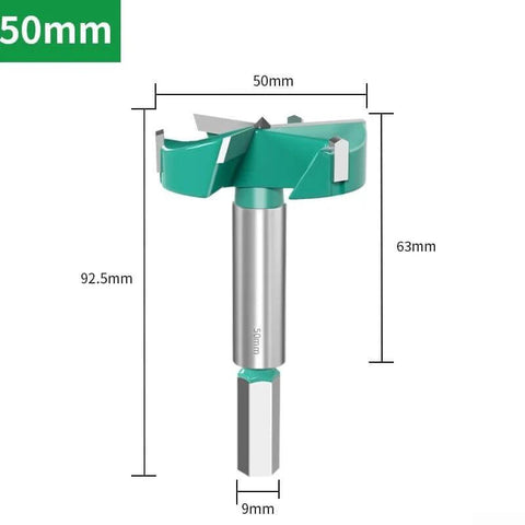 Front view of Floweringbeter 50mm three-edged hole opener cutter with green body and hex shank for woodworking