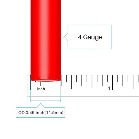 Beefy 4 Gauge Silicone Wire Set With 5 Ft Red And 5 Ft Black Flexible 4 AWG Stranded Tinned Copper Cable For Auto Audio Power And Electrical Installations Now, showing red wire diameter measurement in inches and millimeters.